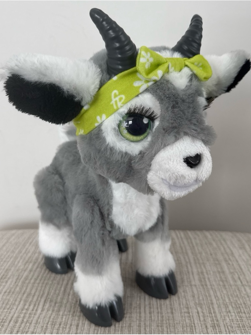 Gray & White Plush Goat with Green Bandana - Kids Stuffed Animal